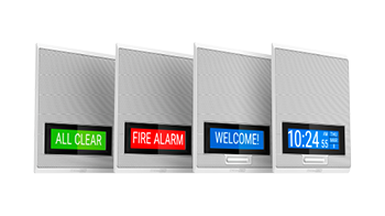 models of AtlasIED IPX Series IP-speakers with red, blue, green LCD Display