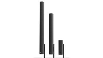 three sizes of AtlasIED ALA Series Column Arrays speakers in black